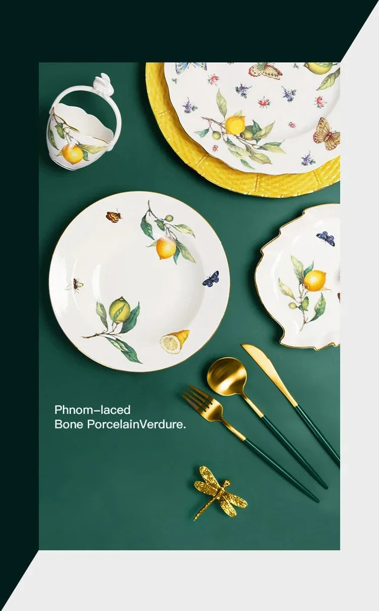Elegant European Lemon Ceramic Dining Set | Dinner Plates & Coffee Cups