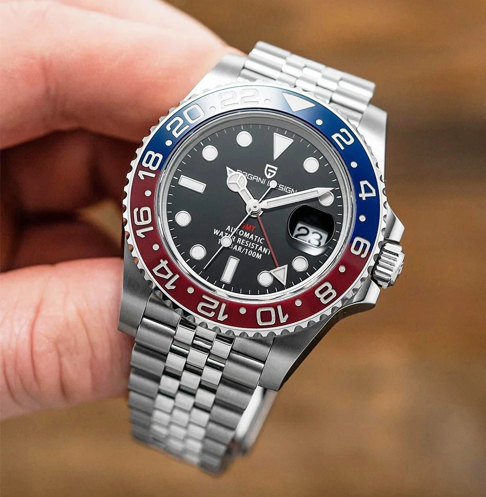 Zegarek mechaniczny męski pagani design pd-1662 luksusowy gmt - szafir, stal, wodoodporny 100m
