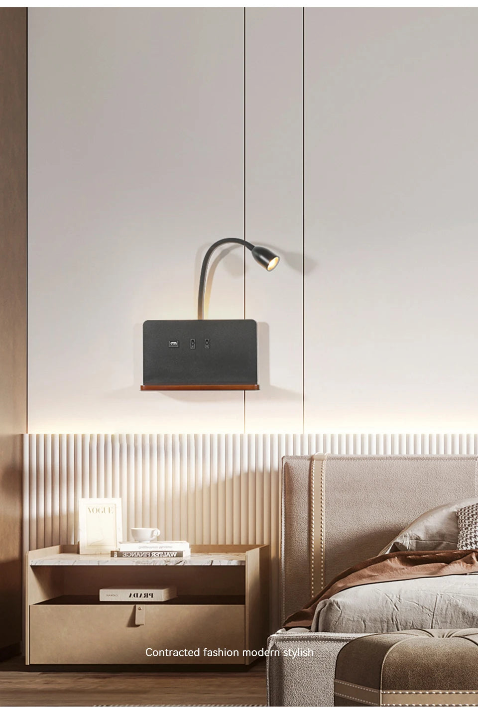 Nowoczesna lampa ścienna led 360° obrotowa z usb i ładowaniem bezprzewodowym do sypialni