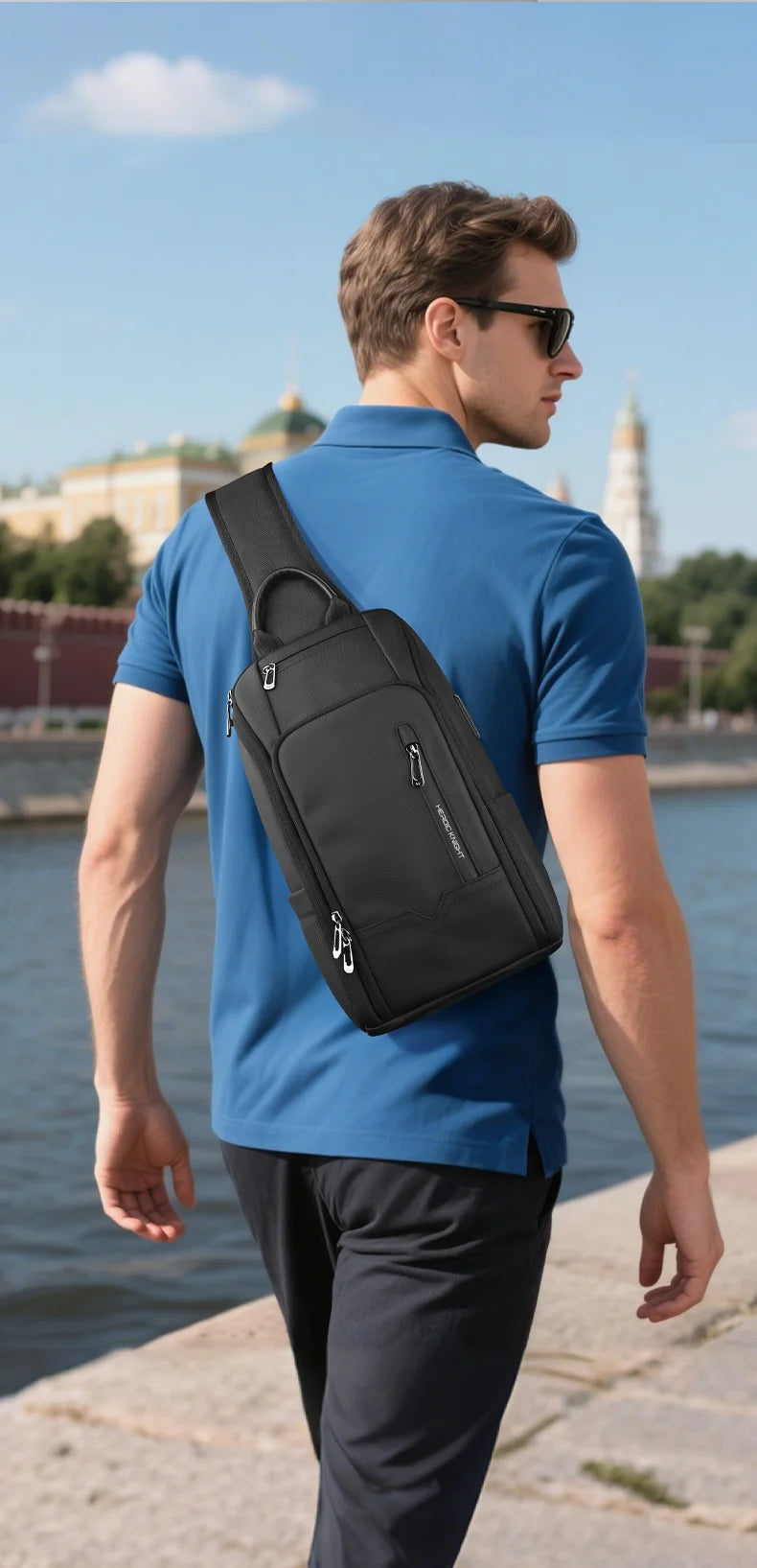Torba męska na ramię antykradzieżowa hk | wodoodporny sling na klatkę piersiową z usb