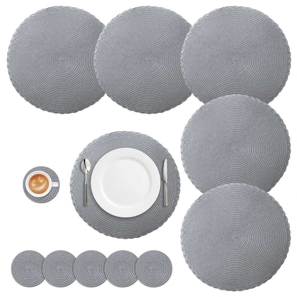 Set of 6 Round Braided Washable Placemats - Heat Resistant Table Mats