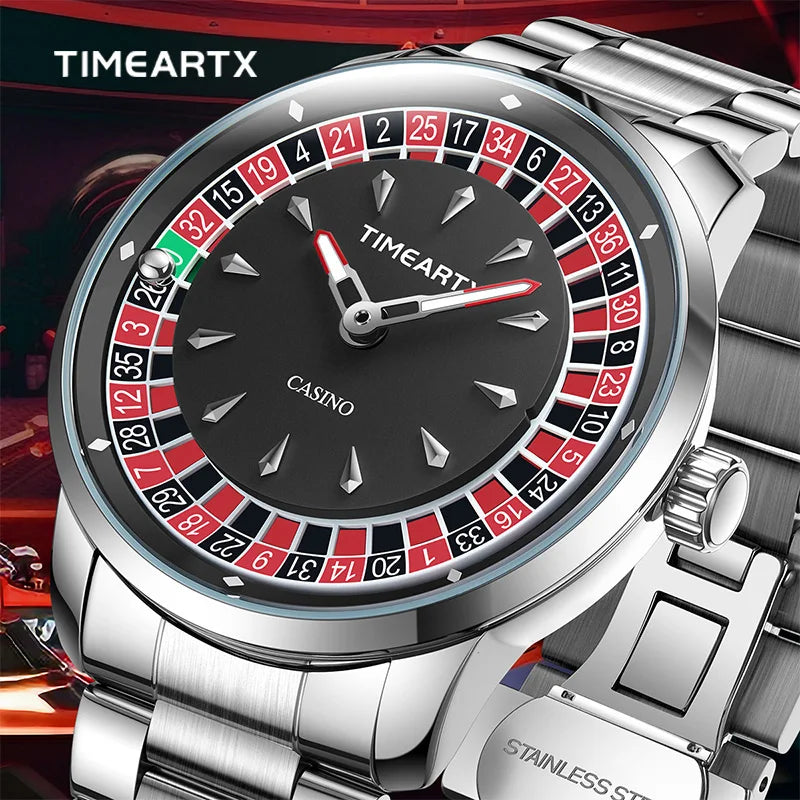 Zegarek kwarcowy timeartx luksusowy z motywem ruletki i pokera dla mężczyzn